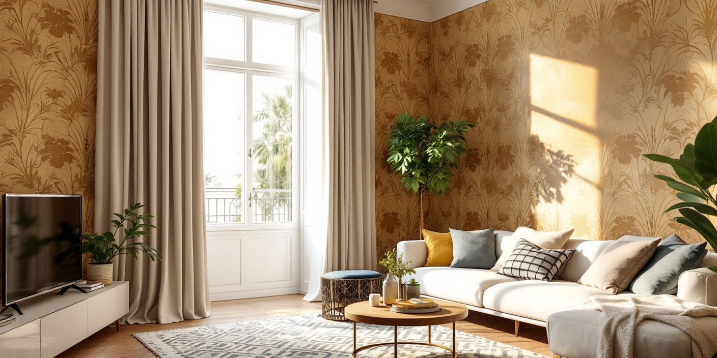 Combinación de salón con papel pintado vintage de flores y cortinas lisas de lino en Madrid.